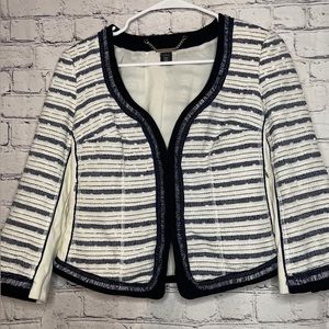 White House Black Market Womens Tweed Blazer Jacket Fringe Chain Ivory Blue 6